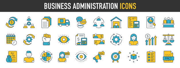 Set of Business Administration icons. Business and Finance web icons premium style. Money, bank, contact, infographic. Icon collection. Vector illustration.	
