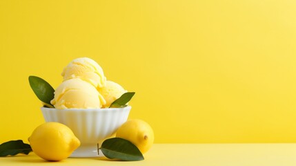 healthy Lemon Sorbet icecream on isolated Yellow, copy space - obrazy, fototapety, plakaty