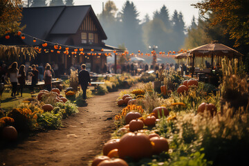 Lively harvest festival with people enjoying activities like apple bobbing, face painting, and pumpkin carving