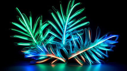 tropical background. palm leaves. neon lights on a dark background. neon.