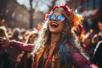 Fototapeta na wymiar Mardi Gras parade. Happy woman in Carnival costume and mask portrait