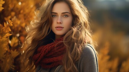 Naklejka premium Portrait of a beautiful long-haired girl in autumn in the park. Generative AI