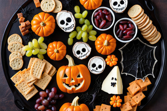 Halloween Concept Charcuterie Board Background Display Assorted Tasty Foods And Cookies