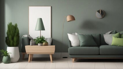 Model of a home's interior showing a light living room with a gray sofa, a wooden floor lamp, and a green vase. - obrazy, fototapety, plakaty