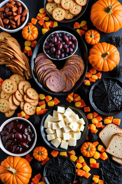 Halloween Concept Charcuterie Board Background Display Assorted Tasty Foods And Cookies