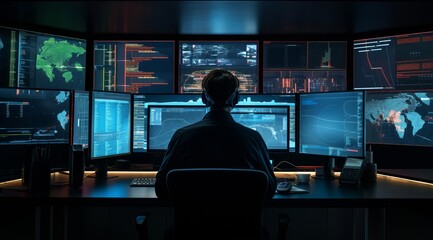 stock and forex trader concept. man in front of computer multiple screens. business process automation computer monitor from analytics data graph.