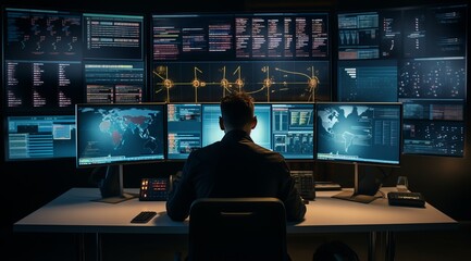 stock and forex trader concept. man in front of computer multiple screens. business process automation computer monitor from analytics data graph.