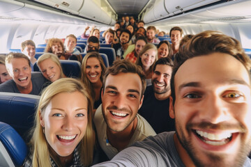 A group of people, friends, passengers on an airplane take a selfie.