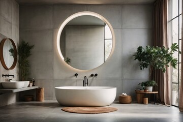 Fototapeta na wymiar upscale bathroom with gray tiled walls concrete flooring white bathtub double sink and round mirror above. Generative Ai.