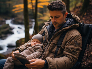 Fototapeta premium man reading cellphone with baby