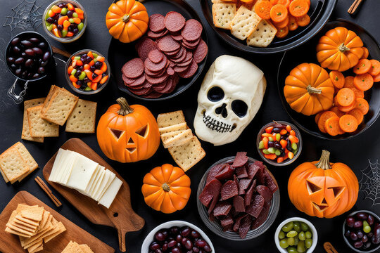 Halloween Concept Charcuterie Board Background Display Assorted Tasty Foods And Cookies