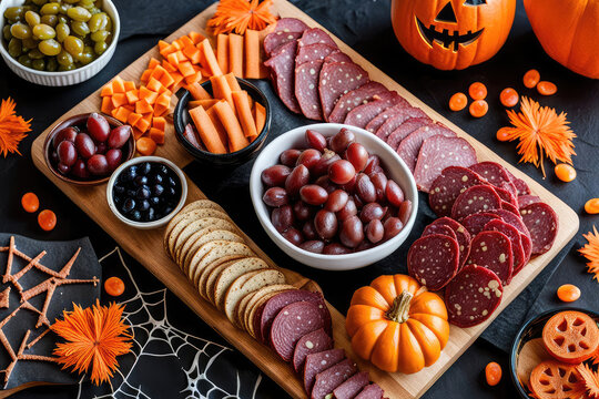 Halloween Concept Charcuterie Board Background Display Assorted Tasty Foods And Cookies