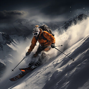 skiing in the mountains