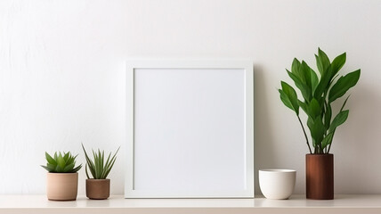 blank white frame and plants on the white table. mock up