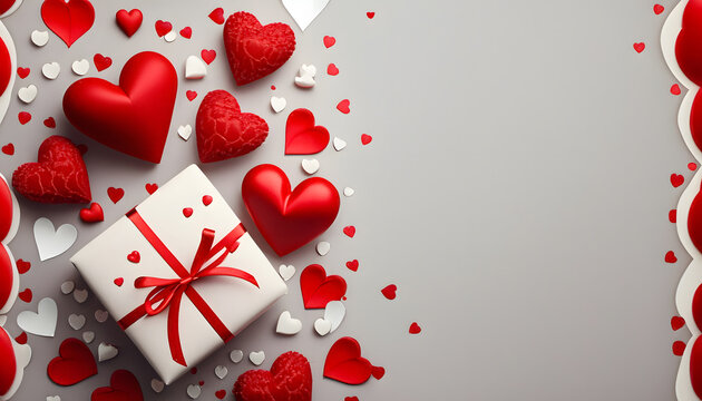 A romantic image for Valentine's Day featuring a beautifully wrapped gift, surrounded by white and red hearts