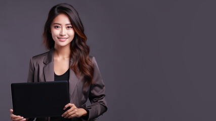 Smiling Asian businesswoman holding laptop computer