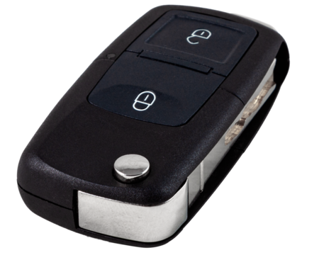 Car key with open and close buttons remote control on transparent background