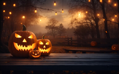 Halloween pumpkins on wooden table in foggy forest at night