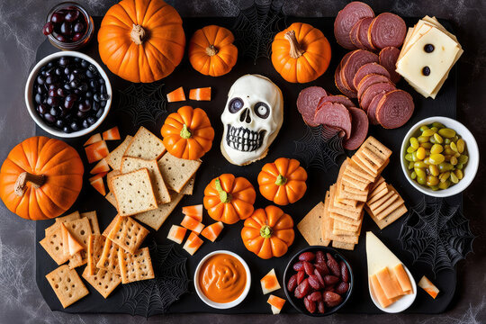 Halloween Concept Charcuterie Board Background Display Assorted Tasty Foods And Cookies