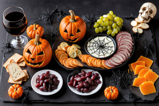 Halloween Concept Charcuterie Board Background Display Assorted Tasty Foods And Cookies