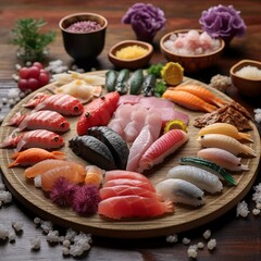 a plate of mixed nigiri sushi, highlighting a diverse assortment of fish, seafood, and toppings...