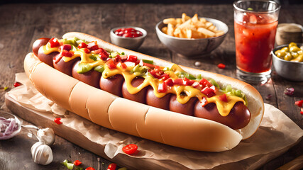 Hot dog with ketchupnnaise and mustard on wooden background - obrazy, fototapety, plakaty