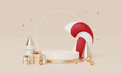 Christmas backgrounds with podium stage platform in minimal New year event theme. Merry Christmas scene for product display mock up banner. Empty stand pedestal decor in Xmas winter scene. 3D render.