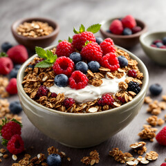 Tempting granola bowl with yogurt and berries – Delicious breakfast
