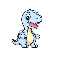 A cute little blue dinosaur with spikes stands growling and smiling