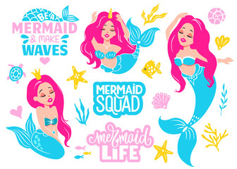 Cute Mermaids Illustrations Vector Collection. Lettering Quotes. Adorable Cartoon Characters. Colorful Kids Clipart - 657790562
