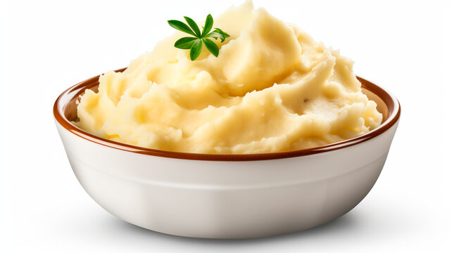 bowl with mashed potatoes and parsley on white background