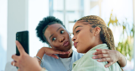 Selfie, funny and women with hug, home and social media with a cellphone, connection and facial...