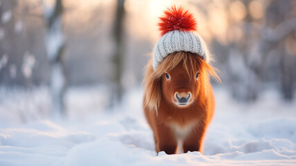 cute red pony in a winter hat and scarf on a snowy background