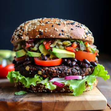 A Black Bean burger with Avocado, Tomato, and Lettuce. A healthy plant based burger option. Generative ai. 