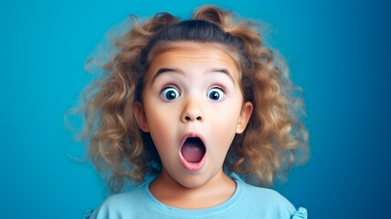 portrait of shocked child with open mouth on blue background