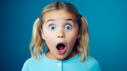 portrait of shocked child with open mouth on blue background