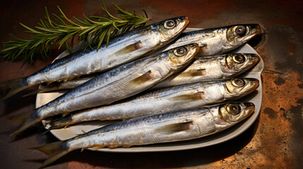 Fototapeta premium Sardines with lemon, salt and parsley close-up on a dark background. Sea fish.
