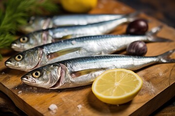 Sardines with lemon, salt and parsley close-up on a dark background. Sea fish.