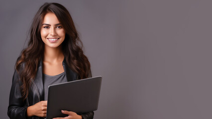 Smiling long black hair businesswoman holding laptop computer