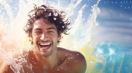 Smiling man wearing swimsuit playing water splash - Powered by Adobe