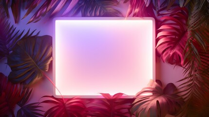 Light Pink Neon Square surrounded by Tropical Leaves. Exotic Backdrop with Copy Space