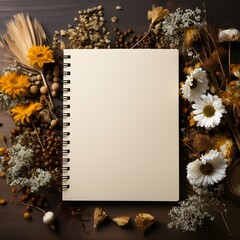 Mockup blank book with flowers on wooden background