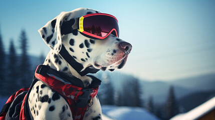 Cool Dalmatian puppy in ski goggles in a ski resort, generative AI - obrazy, fototapety, plakaty