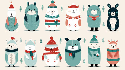 Christmas animals set, flat vector illustration, hand drawn style, bears, rabbits, sloths, penguins, owls and others. Cute design animals for postcard, greeting card, Christmas card. White background.