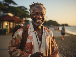 black man taking laptop on beach