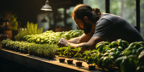 Naturwissenschaftler Mann beim pflanzen von verschiedenen Arten im Gartenhaus prüft sein Wachstum im Querformat, ai generativ