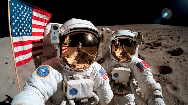astronauts against the background of the US flag and waving on the moon.