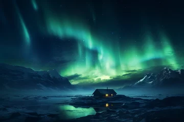 Fotobehang Winter night landscape with northern lights. Aurora Borealis. Lonely house in the mountains. © Alexandra Selina