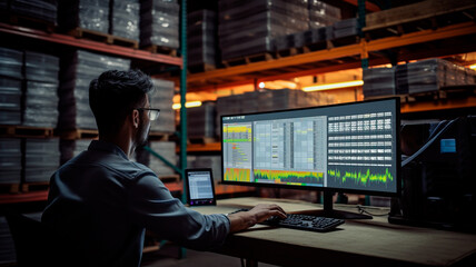 engineer or worker working on computer with intelligent control system in system software, server room or server.
