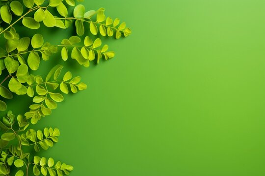 Fresh moringa leaves on green background. Top view with copy space.